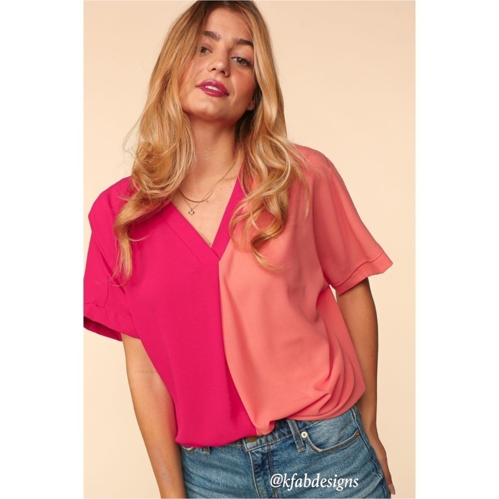 LAST! OVERSIZED V Neck Color Block Pink/Orange Oversized Woven Top! - Picture 2 of 6